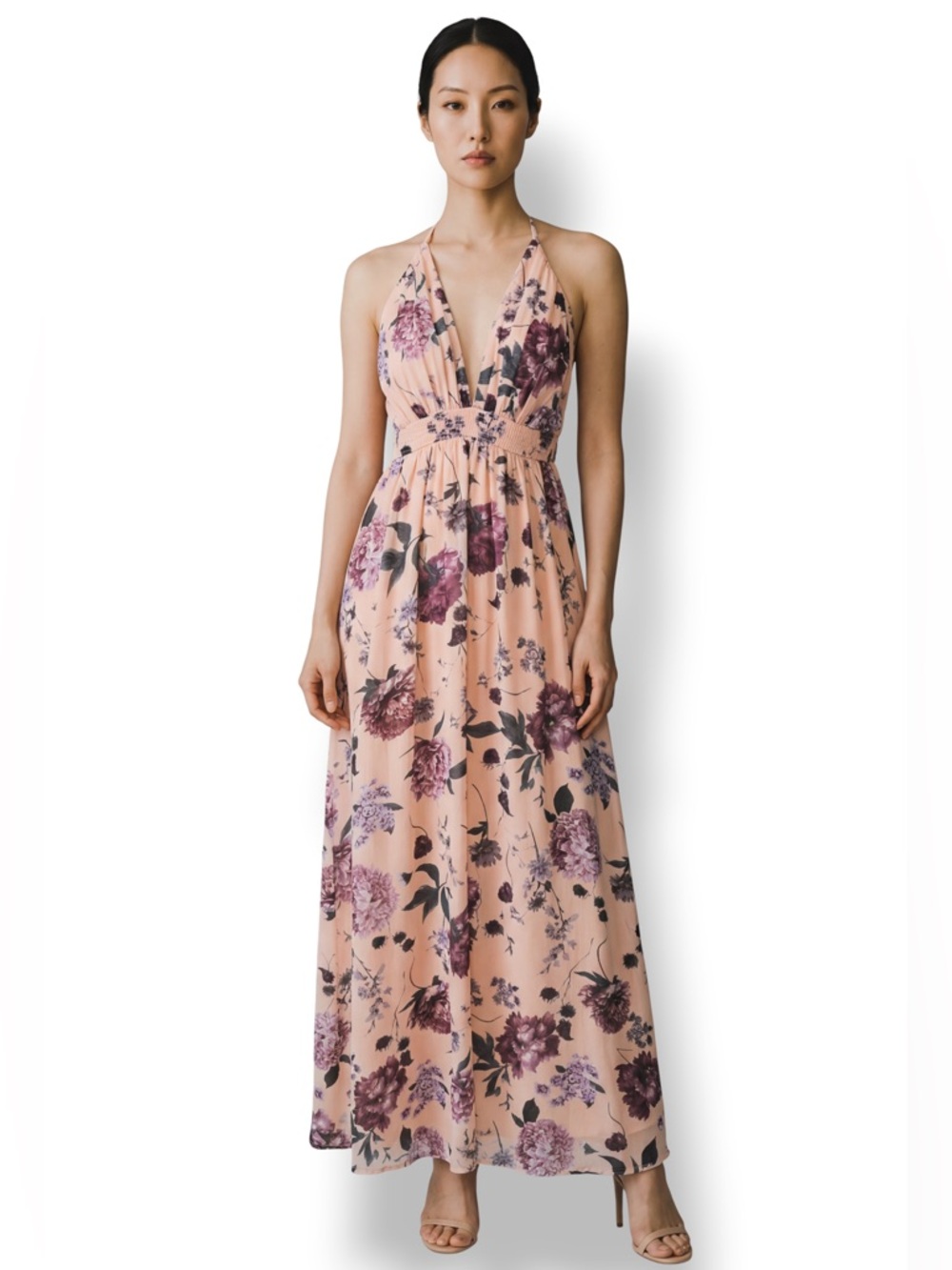 4/$20 SHEIN VCAY Apricot Floral Plunging Neck Crisscross Backless Maxi Dress Lrg